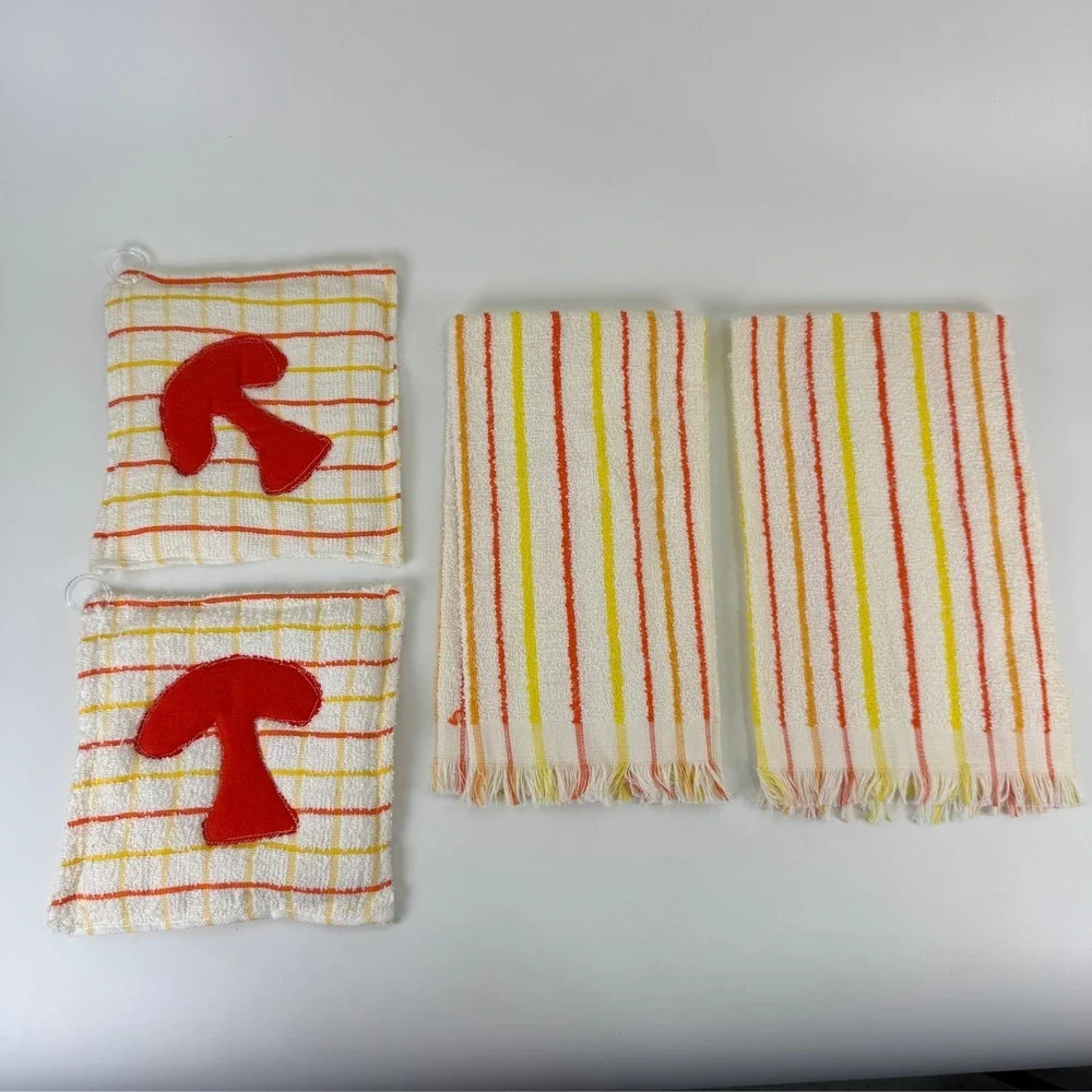 Vintage 70's Mushroom Kitchen Hand Dish Wash Towel Cotton Terry Cloth Pot Holder